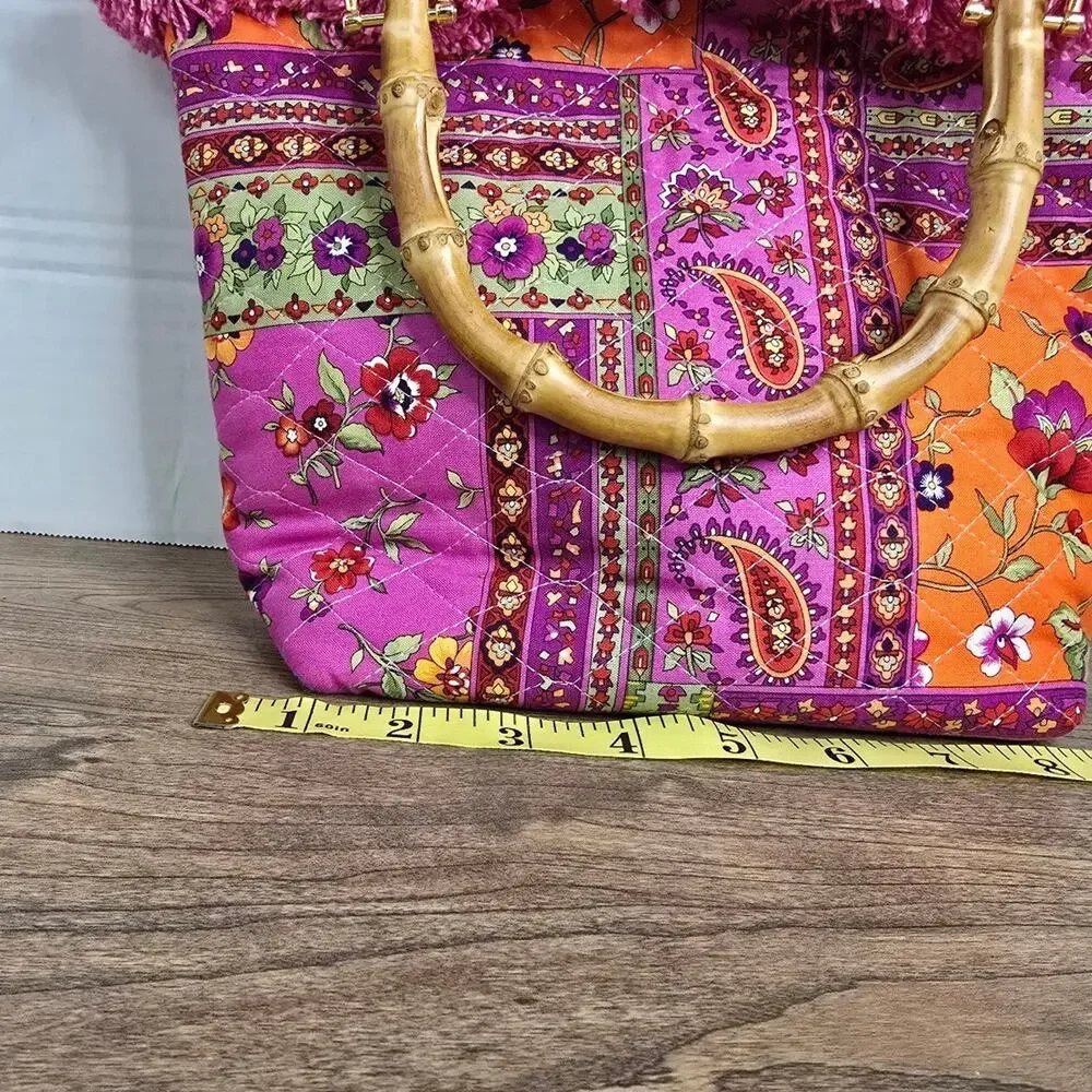 Boho Tapestry Quilted Tote Bag with Bamboo Handles & Magenta Fringe